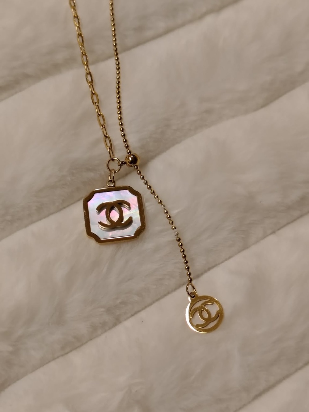 Gold-Tone Mother-of-Pearl CC Drop Necklace - Picture 1 of 2